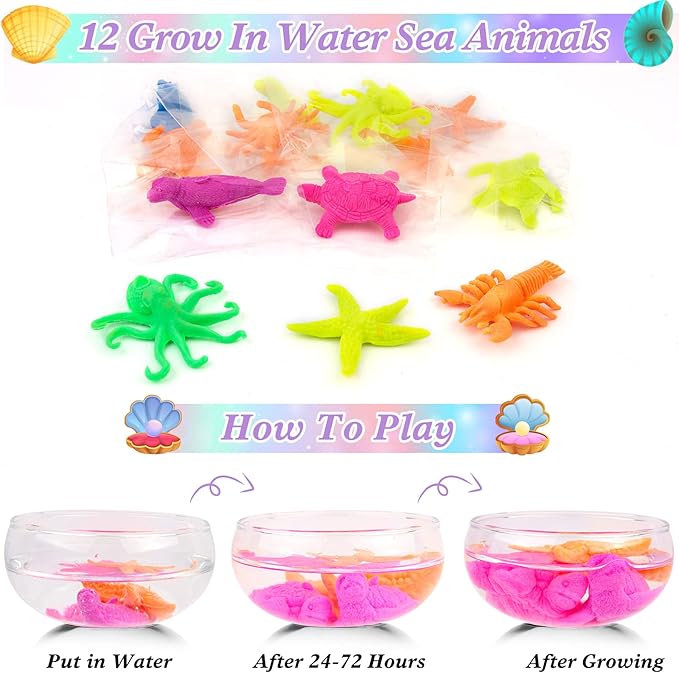 Mermaid Party Favors, 12 Pack Mermaid Birthday Party Supplies - Goodie Bags, Stickers, Scratch Art, Rings, Slap Bracelets, Keychains, Grow Animals for Party Decorations, Pinata Stuffers