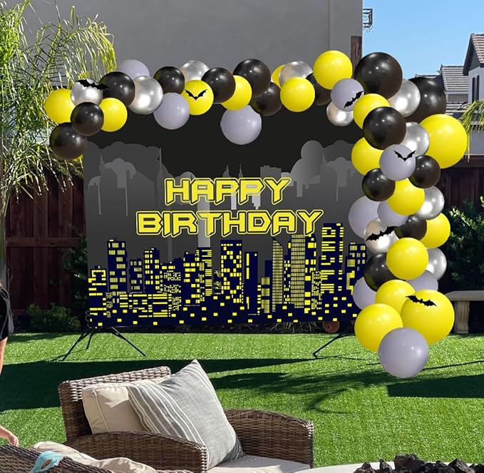 54 PCS Bat Theme Birthday Decorations Superhero Super City Backdrop 5x3FT Black Yellow Silver Balloons Arch Garland Kit Full Moon Bat Background Children Party Supplies