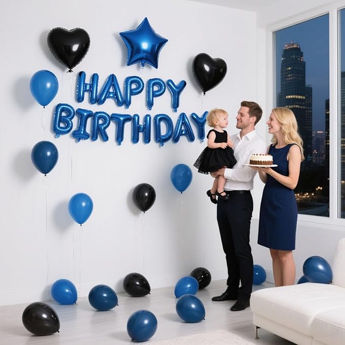 27 Pcs Blue Black Birthday Decorations, 3D Letters Blue Happy Birthday Balloon Banner, Pentagram Heart Foil Balloons Confetti Balloons Kit For Boys Girls Party Supplies