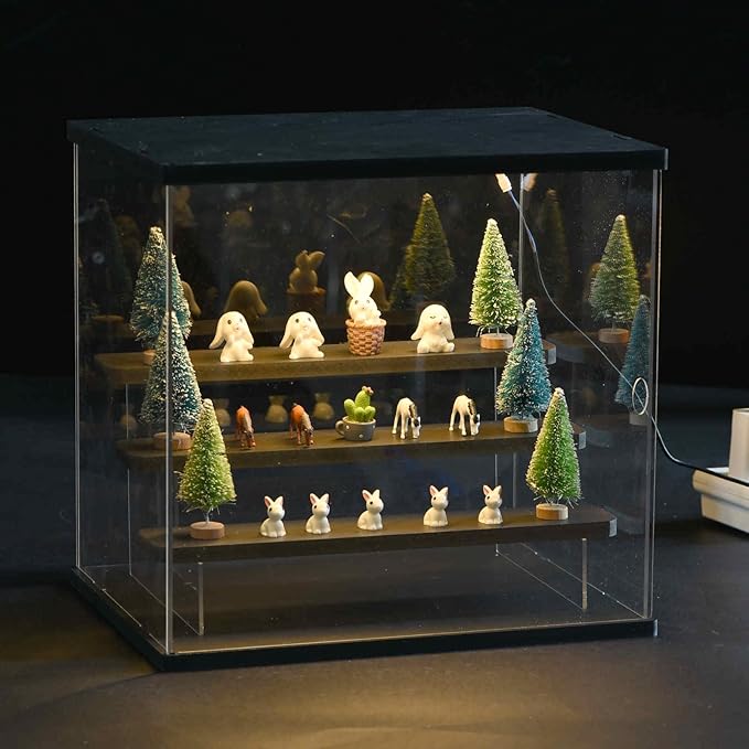 MECCANIXITY Clear Acrylic Display Case with LED Light 3 Tier Dustproof Showcase Assemble Cube Display Boxes Stand for Collectibles, Action Figures (12.6x9.45x11.81) Black
