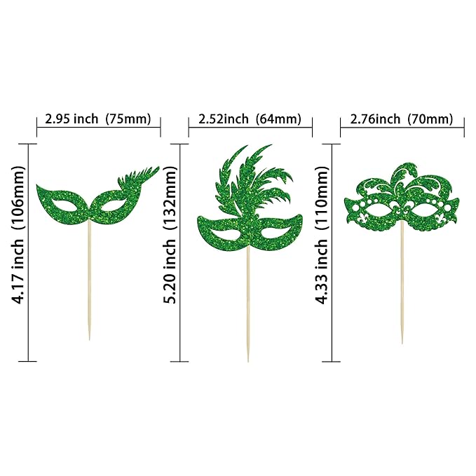 Gyufise 24Pcs Masquerade Masks Cupcake Toppers Green Glitter Bachelorette Party Mask Cupcake Food Fruit Picks Masquerade Mardi Gras Party Baby Shower Birthday Party Cake Decorations