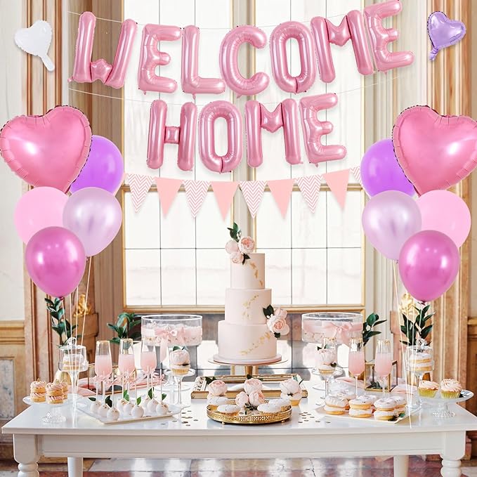TONIFUL Welcome Home Decorations,16 Inch Pink Welcome Home Foil Balloon Banner Pink Purple Confetti Balloons Pennant Flag Bunting for Homecoming Party House Warming Party Family Gathering Supplies
