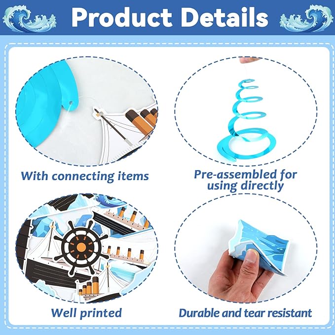 CHUNNIN 60PCS Nautical Party Supplies Cruise Hanging Swirls Ship Swirls Ocean Cruise Party Swirls Foil Ceiling Streamers for Nautical Cruise Theme Party Decor Ocean Theme Shower Birthday Favors