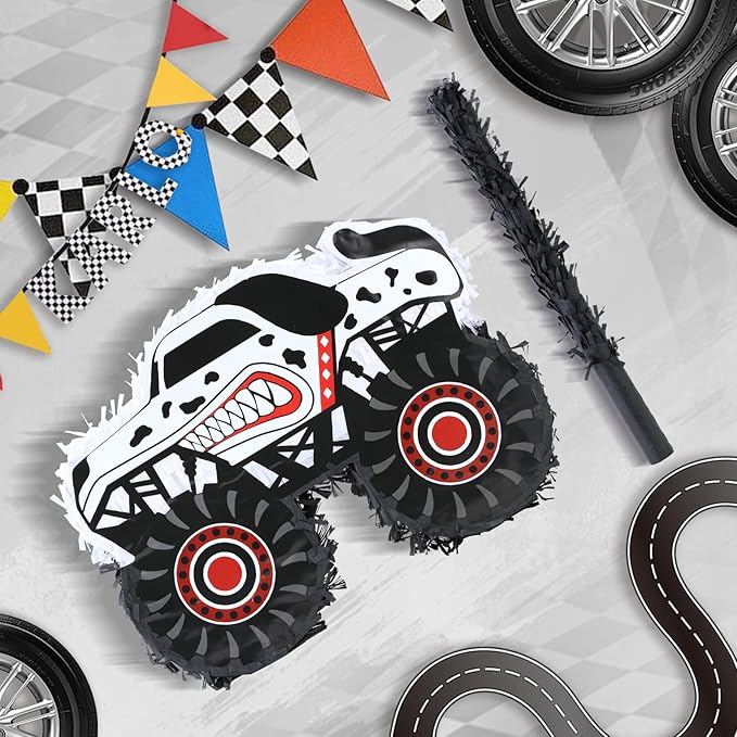 Monster Truck Dalmatian Pinatas Bundle with a Blindfold and a Bat (16 x 13 x 4 Inches), Perfect for Boys Birthday Parties, Dog Truck Decorations games