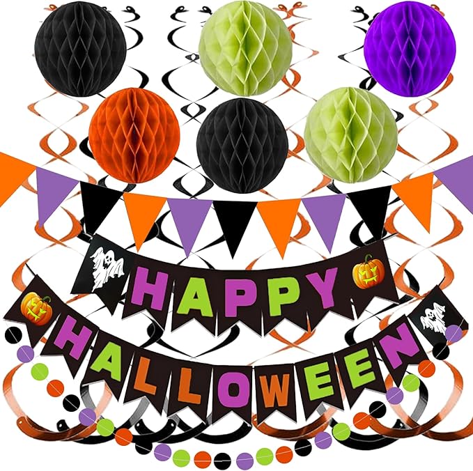 Halloween Party Decorations, Happy Halloween Banner with Honeycomb Balls Paper Circle Garland Triangle Bunting Flag Swirl Streamers for Party Supplies