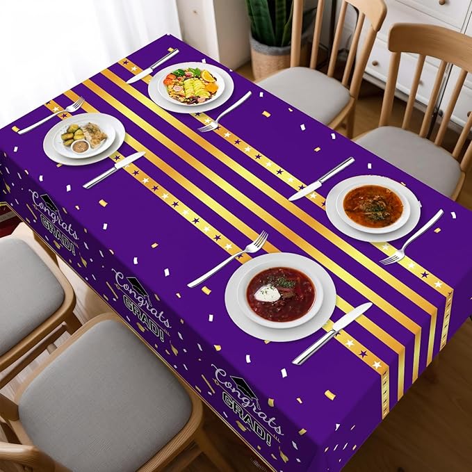 Childom 3 Pack Graduation Tablecloth,Graduation Decorations Class of 2026 Graduation Party Decorations,54"x108" Purple and Gold Plastic Table Cloth Disposable Rectangle for Home,School,Party Supplies