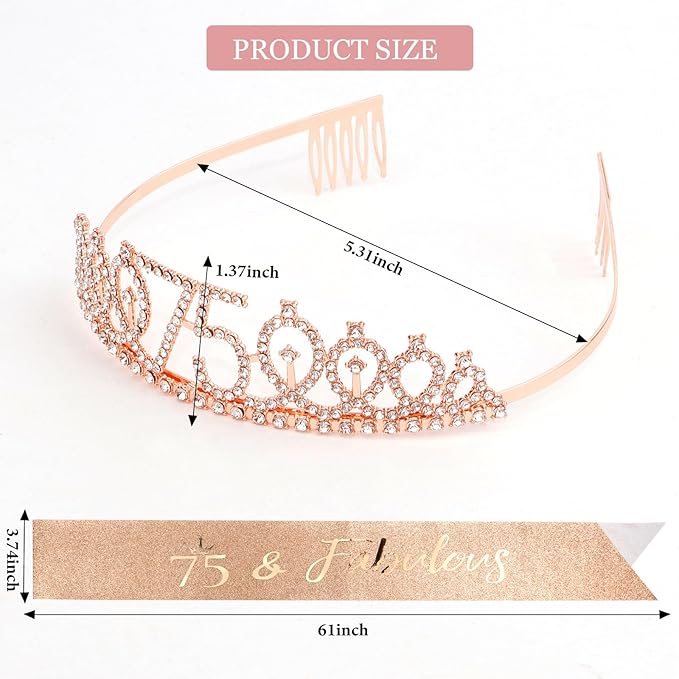 CIEHER 75th Birthday Gift Set - Crown, Sash, Pearl Pin, Decorations and Party Supplies for Women's Fabulous 75th Celebration
