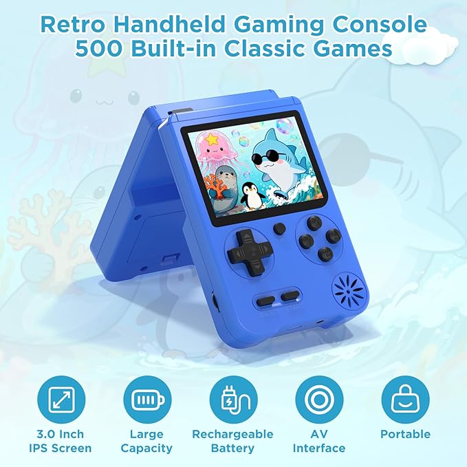 Handheld Games for Kids, Preloaded 500 Retro Classic Video Games, Portable Arcade Retro Game Console with 3'' IPS Screen and Rechargeable Battery, Mini Travel Game System,Gifts for Boys Girls (Blue)