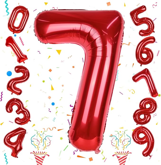 Red Number 7 Balloon, 40 Inch Large Number 0-9 Set with Foil Balloons for Boys Girls 7th Birtyday Party Decoration Anniversary Graduation Celebration New Year Party for Women Men Supplies