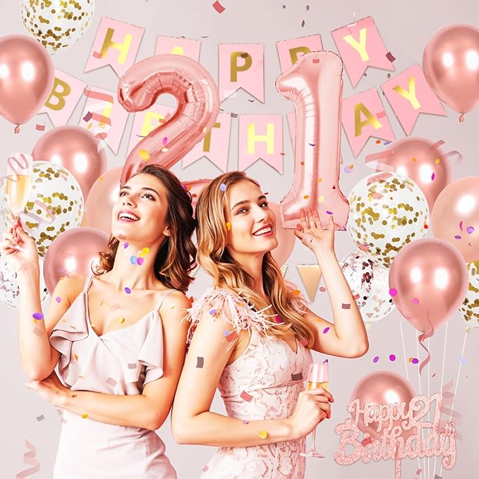 Rose Gold 21st Birthday Decorations, Happy Birthday Party Decorations With 21 Number Balloons Metallic Pearl Gold Rose Balloons Banner Fringe Curtain Cake Topper For Girl Women 21st Party Supplies