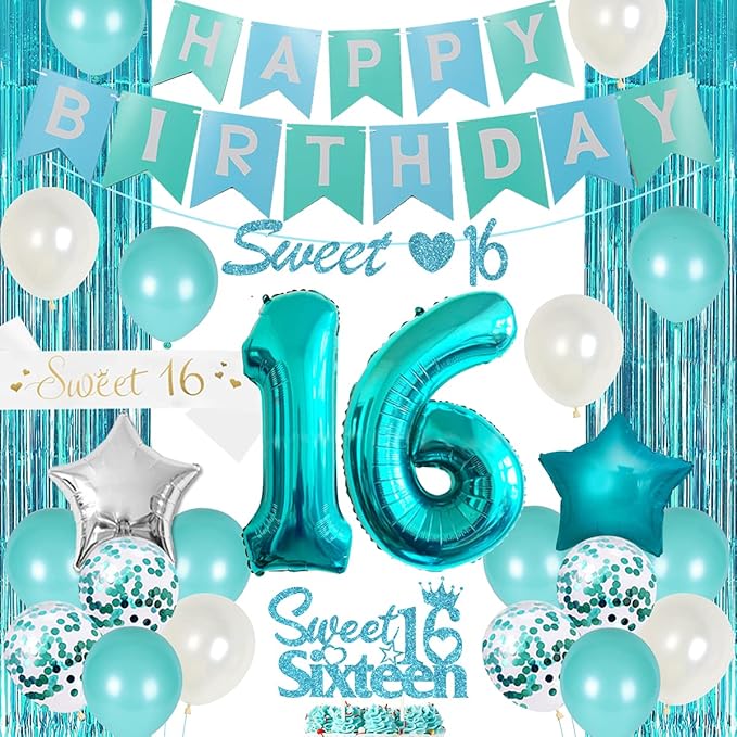 16th Birthday Decorations for Girl Teal - Sweet 16th Birthday Party Supplies Happy Birthday Banner Sweet 16th Sash Cake Topper Turquoise Fringe Curtain Number 16 Balloon for Sixteen Birthday Decor