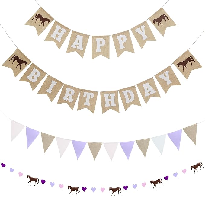 With Luxe & Love Horse Birthday Decorations – Happy Birthday Burlap Banner – Felt Horse Garland and Pennant Banner – Horse Party Decorations, Purple Hearts