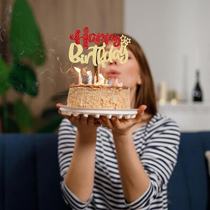 Ephlyn 1Pcs Happy Birthday Cake Topper Glitter Happy Birthday Cake Pick for Christmas Theme Baby Shower Anniversary Party Decorations Supplies Red Gold