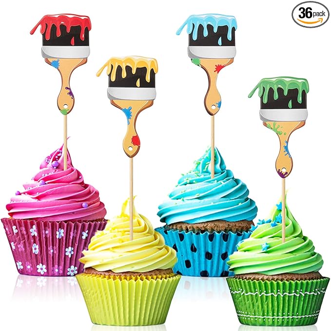 36pcs Paint Brush Cupcake Toppers Painting Cupcake Picks Toothpicks for Art Theme Cake Decorations Artist Birthday Party Favors Supplies