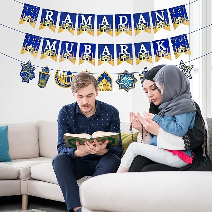 AhfuLife Ramadan Mubarak Banner Decorations for Home, 3 Pcs Pre-Tied Ramadan Mubarak Bunting Banners for Muslim Party Decor, Moon Star Lanterns Garland Islamic Party Supplies