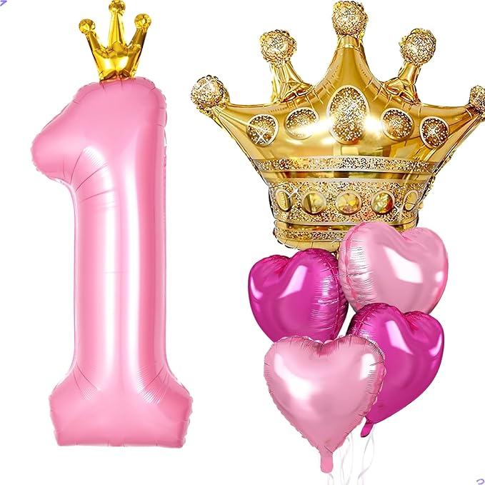 Princess 1st Birthday Party Decorations, 40 inch Large Pink Crown 1 Balloon for Girls’ Princess Decorations, Party Supplies Favors, Anniversaries(Number 1 Foil Mylar Birthday Balloon)