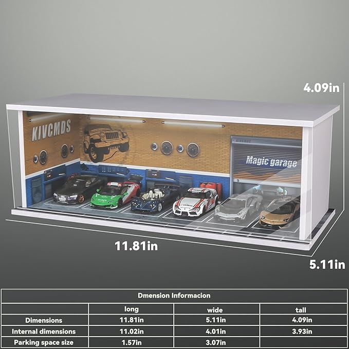 1:64 Scale Car Model Display Case for Hot Wheels,Matchbox Cars,Parking lot with Lights(Repair Store Scene Contains 6 Parking Spaces)