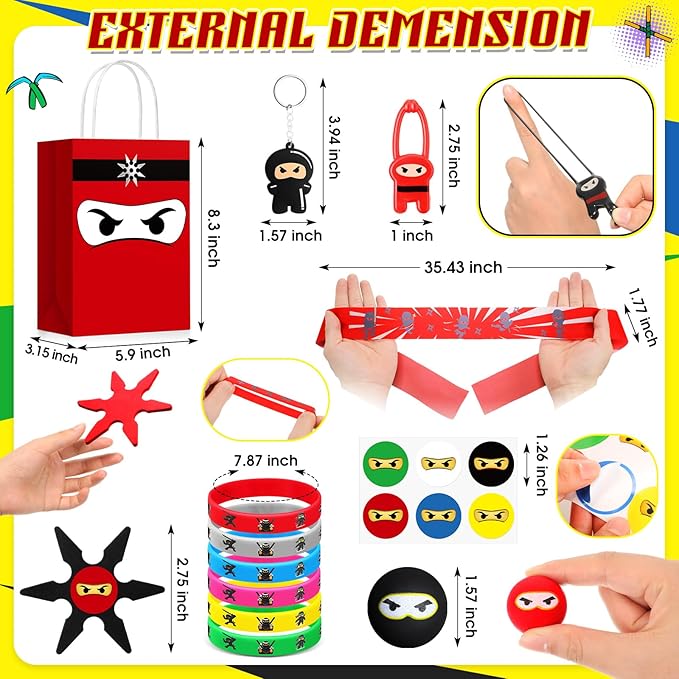 16 Guests 128 Pcs Ninja Party Favors Include Ninja Paper Bags Bouncy Balls Throwing Favors Flying Slingshot Headbands Silicone Bracelets Keychains Stickers for Birthday Party Supplies