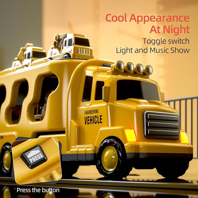 5 in 1 Construction Trucks Cars Toys for Toddlers 3-5, Boy Toddler Car Truck Toys with Light Sound, Includes Crane, Mixer, Bulldozer & Excavator, Birthday Gifts Toys for 2 3 4 5 Year Boys