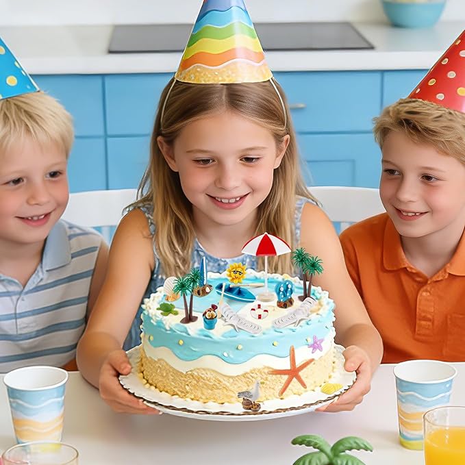 Hooqict 19Pcs Beach Cake Decorations Set with Mini Coconut Tree, Seashell, Sea Animals, Pool Beach Cake Toppers & Cupcake Toppers for Summer Tropical Hawaiian Luau Birthday Party Decorations Supplies
