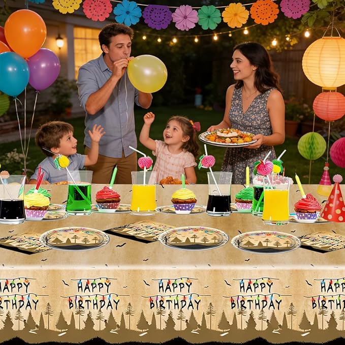 Spooky Rustic Party Plates Napkins and Tablecloth Horror Alphabet Dinnerware Tableware Sets Retro Colorful Light Bulbs Party Decorations Serves 20