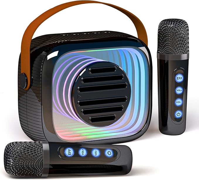 YF93 Mini Karaoke Machine for Kids with Bluetooth Speaker, 7 Voice-Changing Modes, Dual Microphones, Colorful LED Lights, TF Card Support, Portable Singing Gift for Children and Parties(Black)