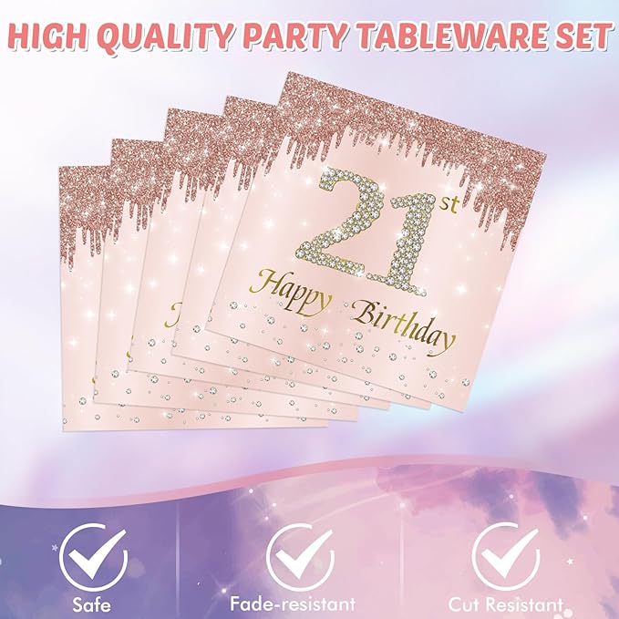 21st Birthday Decorations for Her,41Pcs Awesome Since 2005 Birthday Tableware Kit Party Supplies-Rose Gold 21 Years Old Disposable Paper Plates and Napkins,Tablecloth Set For Sweet Girls Women Party