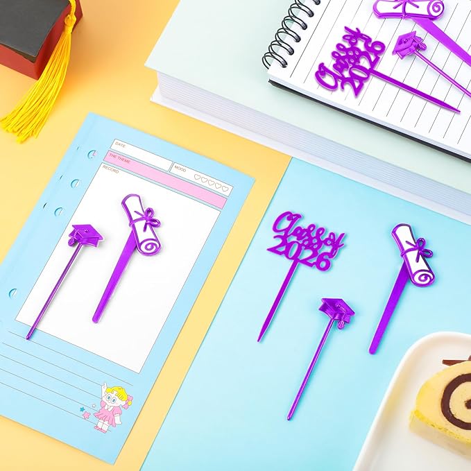 Boao 90 Pieces Class of 2026 Theme Graduation Cake Topper Plastic Cupcake Picks Graduation Cupcake Decorations for Party Supplies and Favors, 3 Styles(Purple)