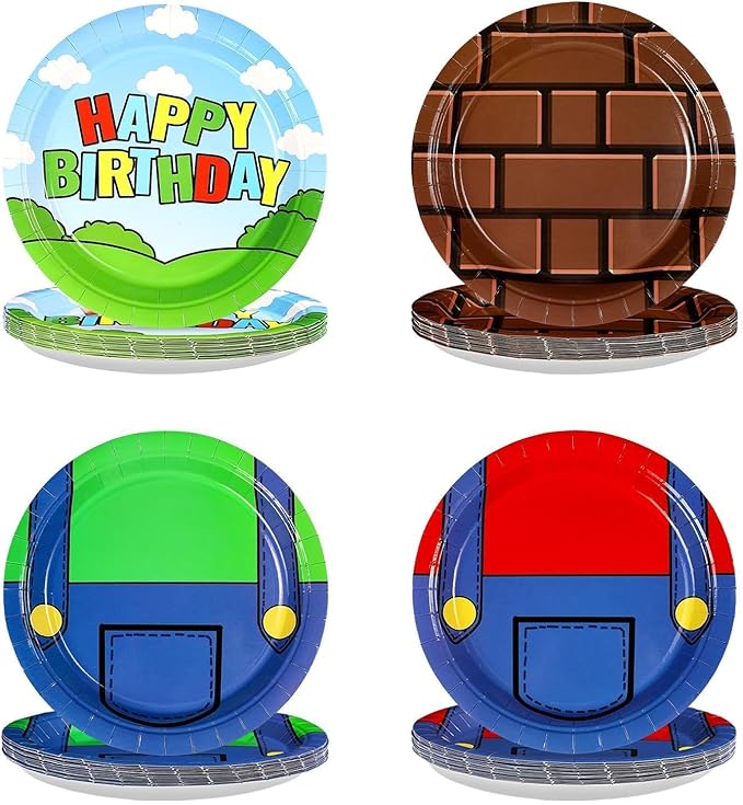 60Pcs Super Theme Brother Birthday Paper Plates 9" Heavy Duty Disposable Bros Theme Dessert Platters Cartoon Video Games Party Decorations Favors for Boys Kids Baby Shower Bro Birthday Party Supplies