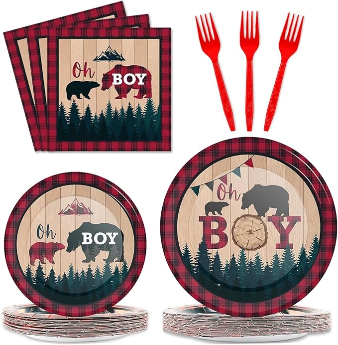 gisgfim 96 Pcs Buffalo Plaid Lumberjack Party Plates and Napkins Party Supplies Boy Red Plaid Party Tableware Set Christmas Decorations Favors for Birthday Baby Shower for 24 Guests