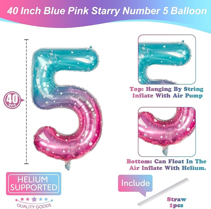 Mermaid Starry 5 Balloons, 40 Inch Giant Teal Blue Purple Mylar Foil Number 0-9 Helium Balloon for Girls, Self Inflating Rainbow 5th Birthday Balloon for Women Anniversary Party Decorations Supplies