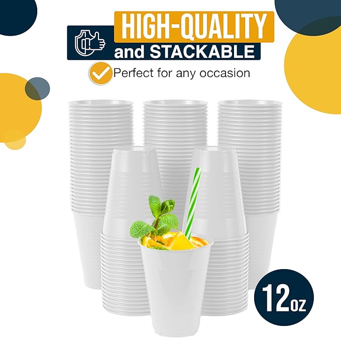 Exquisite Party Solids 12 Oz White Plastic Cups For Party Supplies 50 Pack | White Disposable Cups Plastic | Disposable Drinkware For Parties, Events & Everyday