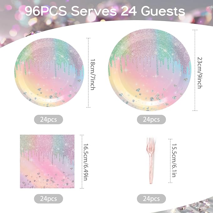96Pcs Colorful Diamonds Plates Party Supplies Kpop Paper Plates and Napkins and Forks Baby Shower Kids Birthday Party Decorations, Serves 24