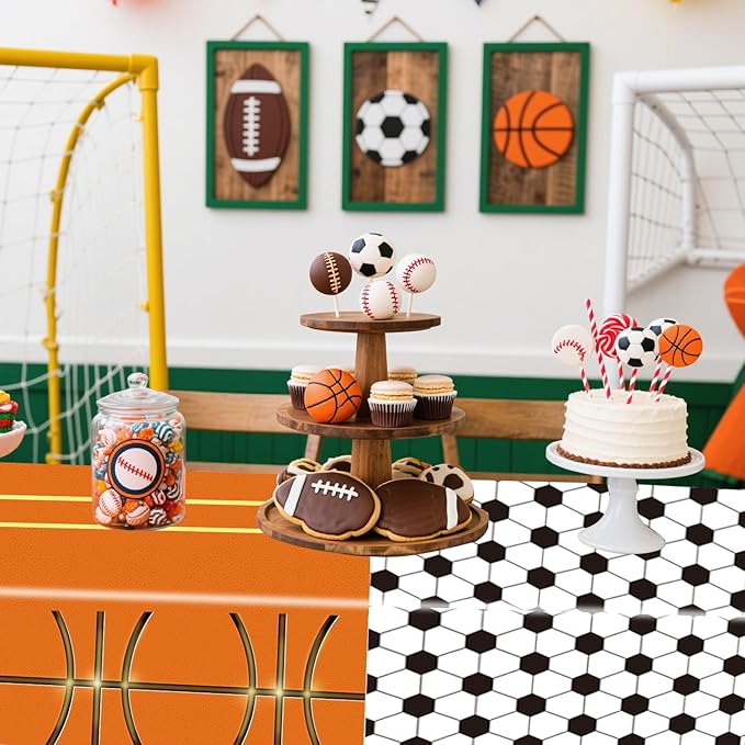 Oigco 4 Pack Sports Tablecloth, 54 x 108 Inch Soccer Baseball Basketball Football Table Covers for Boys Birthday Sports Themed Party Decorations