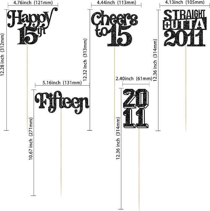 Gyufise 15Pcs Happy 15th Birthday Centerpiece Sticks Fifteen Straight Outta 2011 Table Flower Centerpieces Sticks for Cheers to 15th Birthday Party Supplies Black