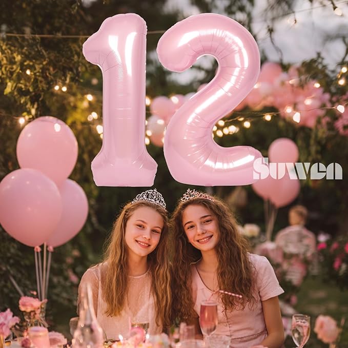 SUWEN 40 Inch Pink Large 12 Number Balloons Big Foil Helium Number Balloons 0-9 Jumbo Happy 12th Mylar Birthday Party Decorations for Girl or Women 21 Anniversary Party Supplies
