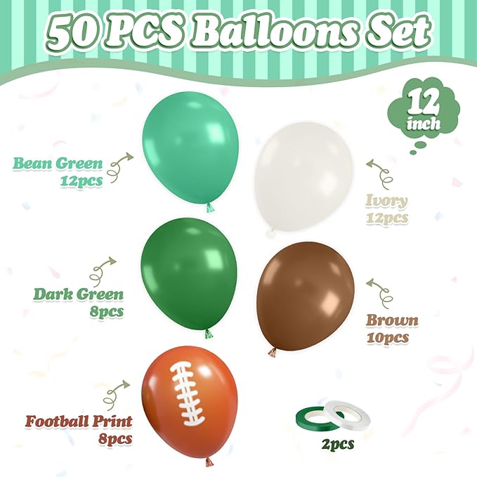 FunHot Football Balloons, 50 Pcs Green Brown Balloon, 12 Inch Ivory Retro Green Football Printed Latex Balloons for Boy Baby Shower Men Birthday Rugby Game Sport Themed Party Decorations
