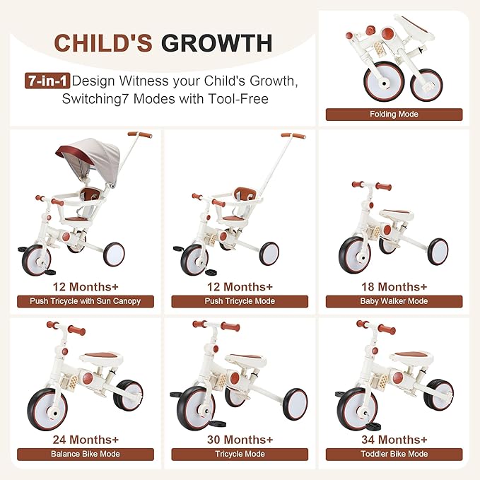 7-in-1 Foldable Baby Tricycle with Removable Canopy – Adjustable Parent Handle, Safety Harness & Wheel Brakes for Toddlers 1-5 Years Old, Balance Bike & Push Trike Gift for Boys & Girls, White