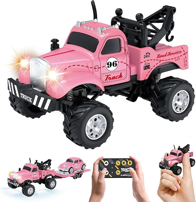 MOONTOY 1:64 Scale Mini Alloy Truck RC Car with LED Lights, 2.4Ghz Remote and App Control Toy Car, 3-Speed Adjustment Pocket Toy Car for Kids 4-8 Years and Adults (Pink)