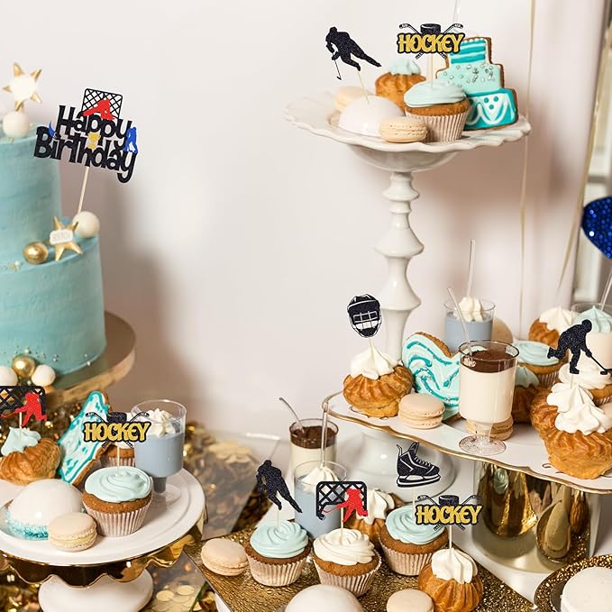 Hockey Birthday Cake Topper - 25PCS Happy Party Cake Decorations with Hockey Player Sports Theme Cupcake Toppers & Picks
