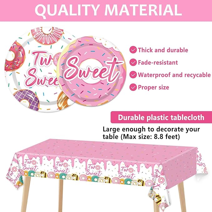 ZOiiWA 143Pcs Two Sweet Birthday Party Decorations Girls Donut tableware Set Sweet Donut 2nd Party Plates Napkins Backdrop Tablecloth Banner Balloons for Baby Girls 2 Years Old Birthday Party Supplies