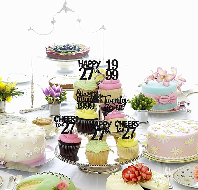 30PCS Black 27th Birthday Cupcake Toppers Glitter Twenty Seven Happy 27th Straight Outta 1999 Cupcake Picks for Cheers to 27 Years Birthday Wedding Anniversary Party Cake Decorations Supplies