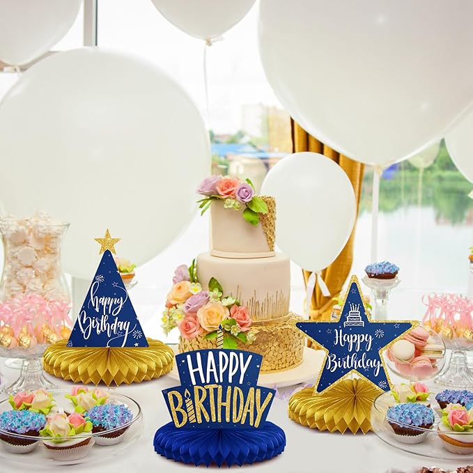 Spakon 8 Pieces Blue Gold Happy Birthday Table Decorations Happy Birthday Honeycomb Centerpieces Glitter Table Toppers Blue and Gold Party Decorations for Men and Women Party Supplies