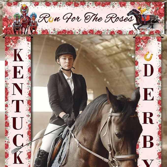 3PCS Kentucky Derby Decorations Banner Run for the Roses Yard Fence Cover Hanging Rose Horse Kentucky Derby Porch Sign for Horse Racing Kentucky Derby Party Supplies Indoor Outdoor