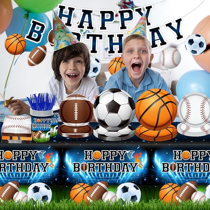 Sports Birthday Party Decorations-142Pcs Sports Theme Plates and Napkins Kit All Star Basketball Football Baseball Soccer Tableware Serves 20 Guests for Birthday Party