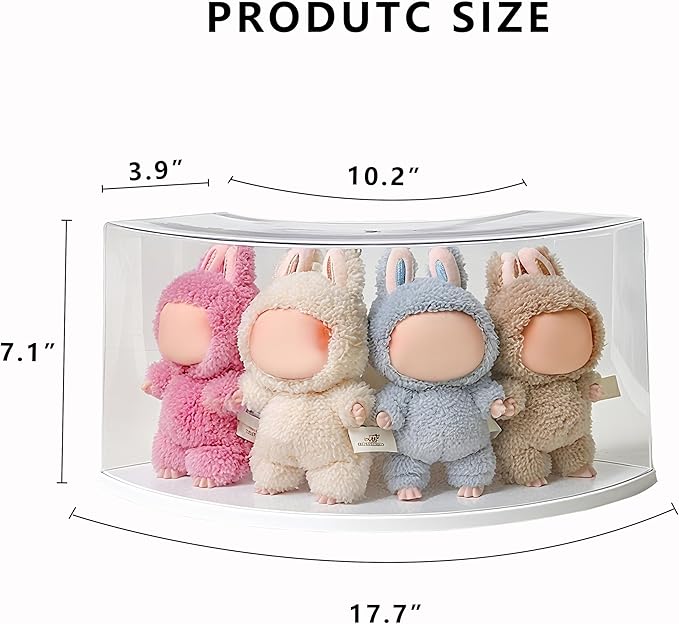 Half-Moon Clear Toy Organizer Compatible with Labubu - Corner Storage Box for 7 Inch Collectibles, Stackable Display Case with Dust-Proof Lid & Accessory Shelf