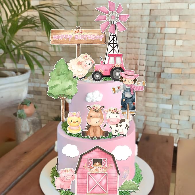 Pink Farm Cake Toppers for Farm Animals Birthday Decoration 14 Pcs Farm Animals Cake Becorations Birthday Party Supplies Cow Birthday Party Supplies