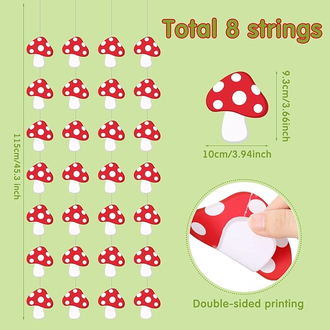 8 Pcs Mushroom Party Decorations Red Mushroom Shaped Garland Banner Forest Jungle Wonderland Paper Cutouts for Fairy Baby Shower Wild Birthday Party Favors Supplies