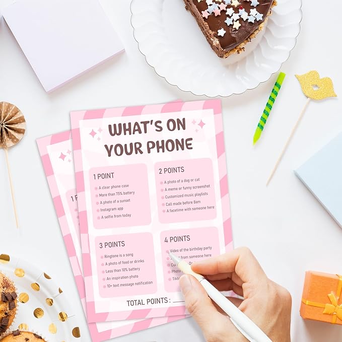 Birthday Party Games Cards - What's On Your Phone, Pink Bday Party Games for Teen Girl Adult, Set of 20 pcs Cards, Birthday Party Favor Activity Sleepover Party Decor Supplies - FS265
