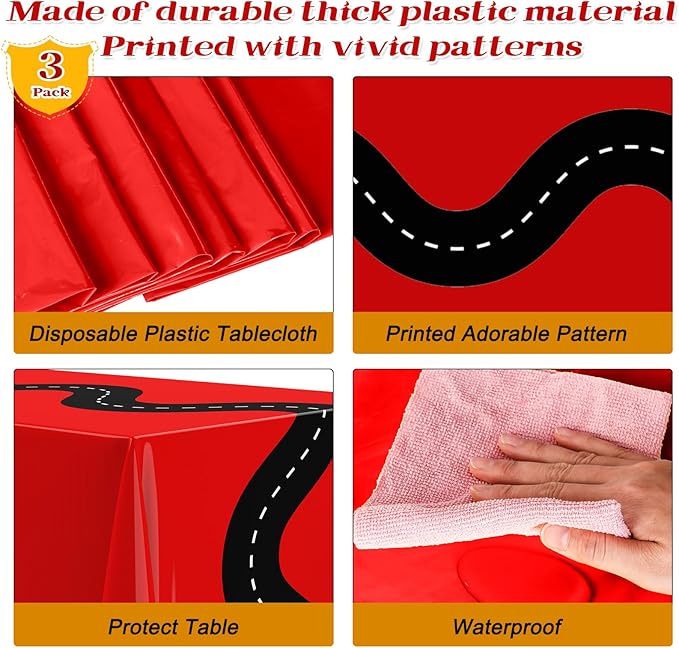 Irenare 3 Pcs Racing Table Cloths Car Birthday Party Supplies 54 x 108 Inch Racetrack Table Runner Covers Disposable Rectangular Road Tablecloth for Kids Boy Car Theme Birthday Party Decor (Red)
